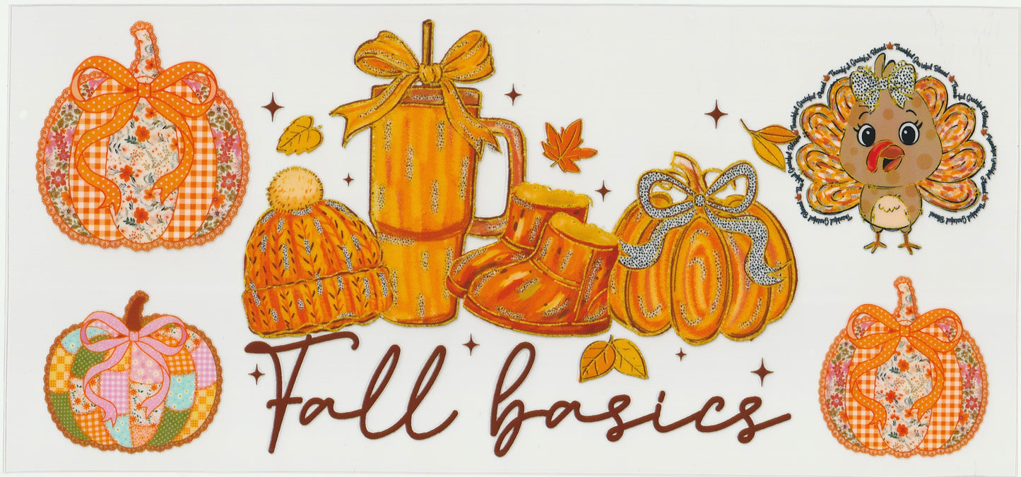 Fall Basics UV DTF Cup Wrap | Cozy Autumn Pumpkin & Coffee Design | 16oz Cup Decal