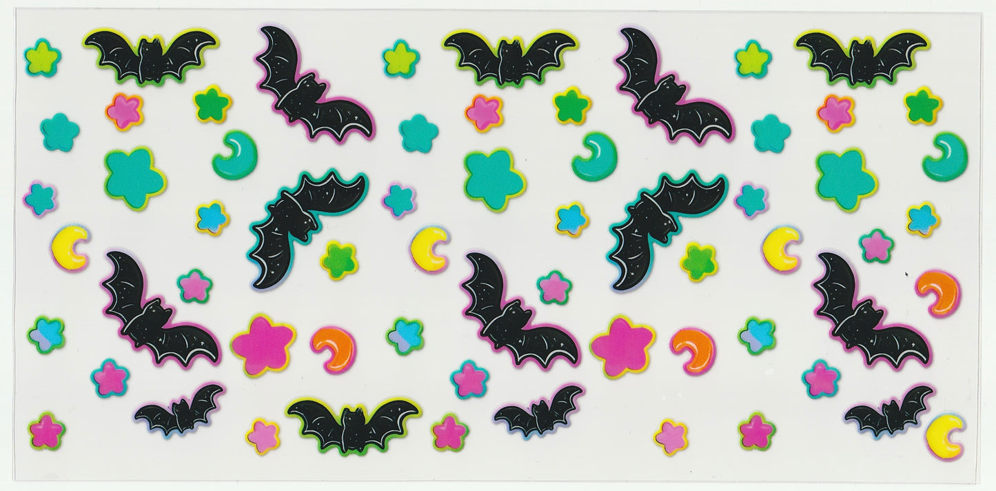 Colorful Bats UV DTF Cup Wrap | Halloween Design | 16oz Cup Decal