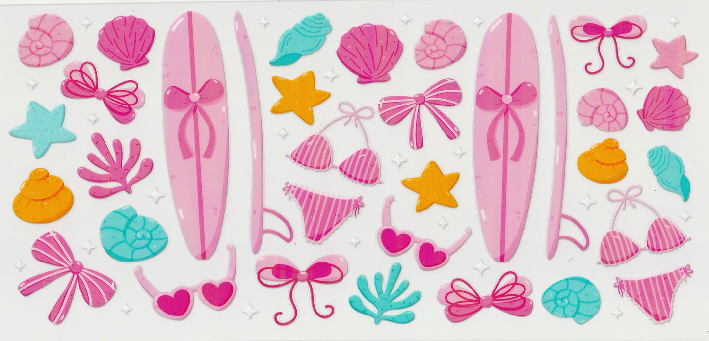 Pink Coastal Surfboard & Seashell Bow UV DTF Cup Wrap | 16oz Cup Decal