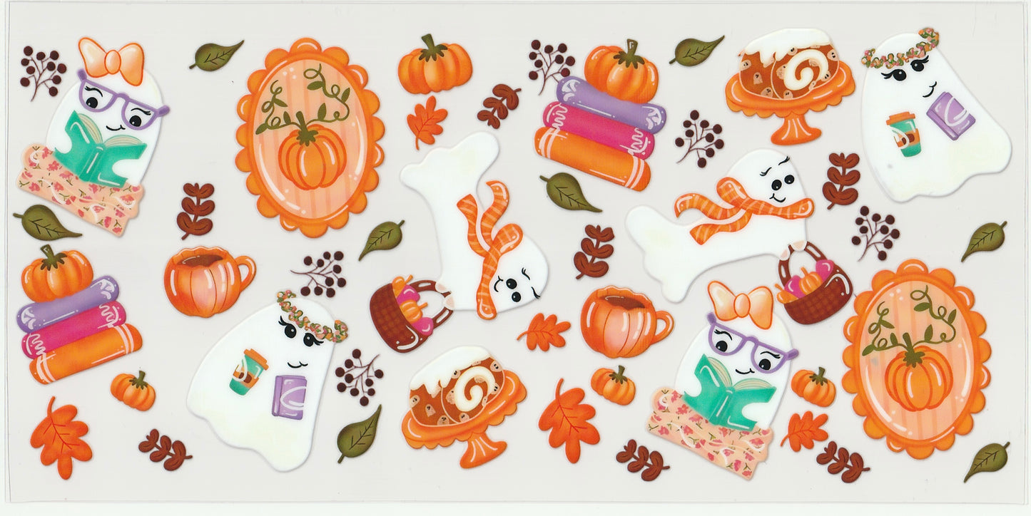 Ghost Reading Books UV DTF Cup Wrap | Halloween/Fall Design | 16oz Cup Decal