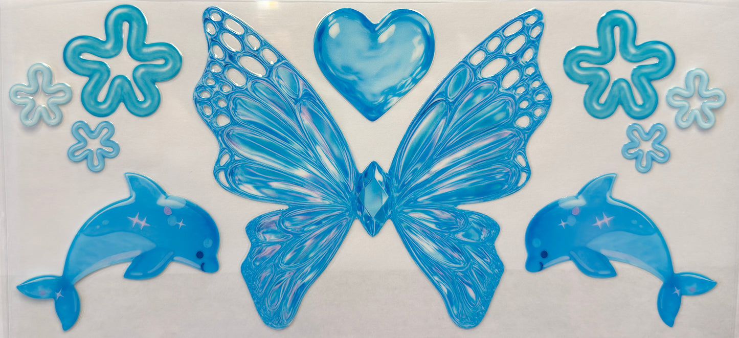 Blue Butterfly UV DTF Cup Wrap | Dolphin Ocean Aesthetic | 16oz Cup Decal