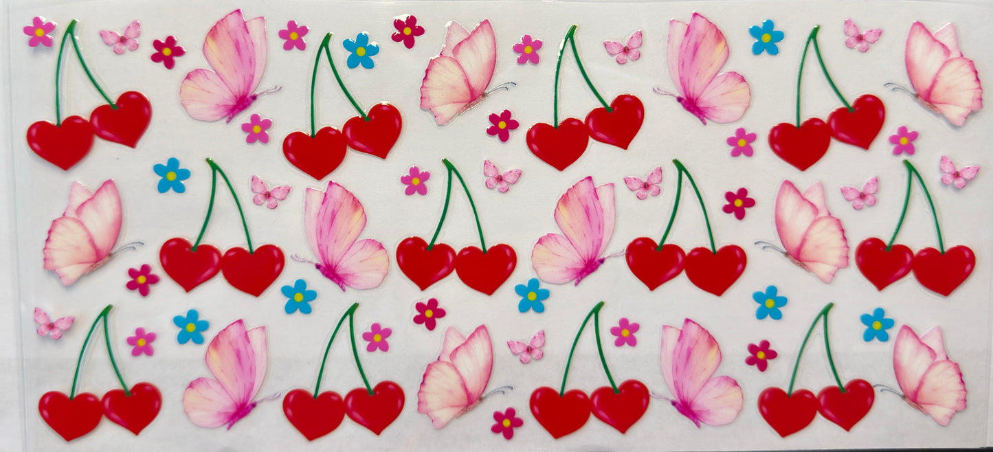 Cherry Butterfly UV DTF Cup Wrap | Coquette Pink Floral | 16oz Cup Decal