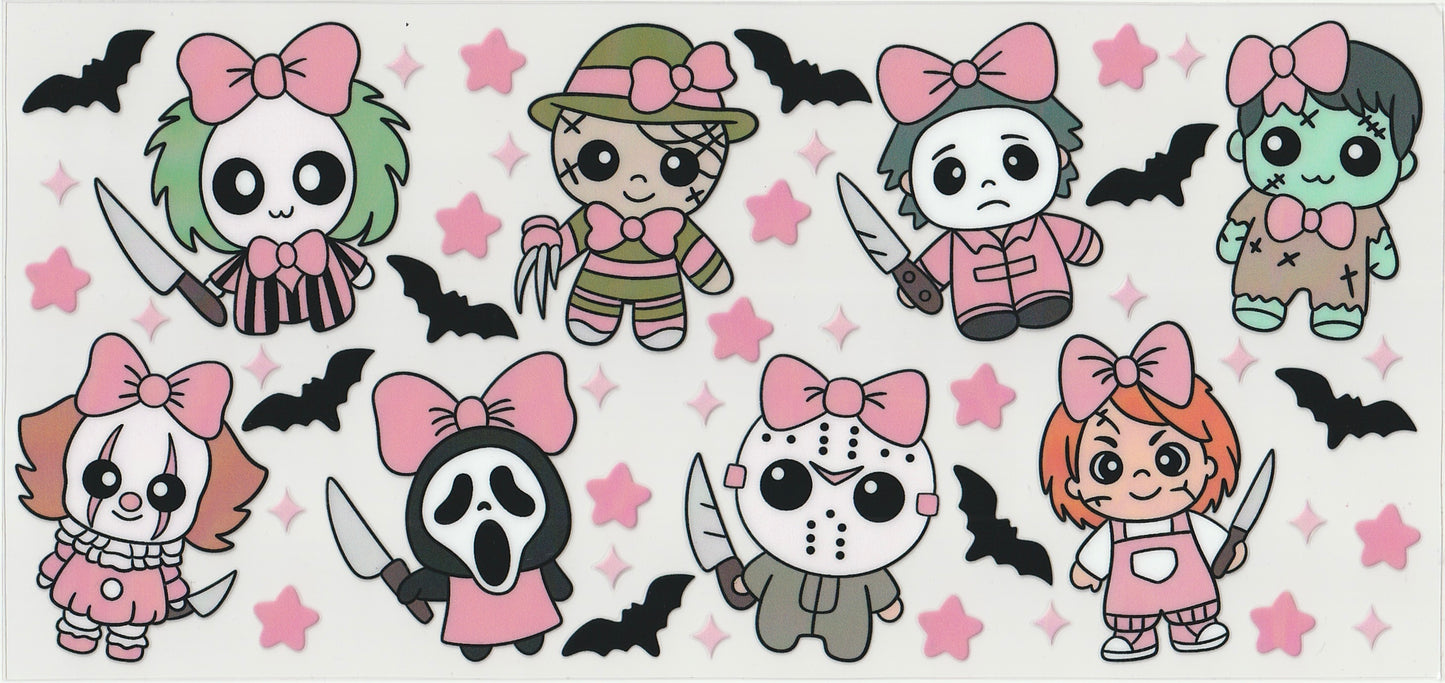 Pink Bow Horror Cuties UV DTF Cup Wrap | Halloween Design | 16oz Cup Decal