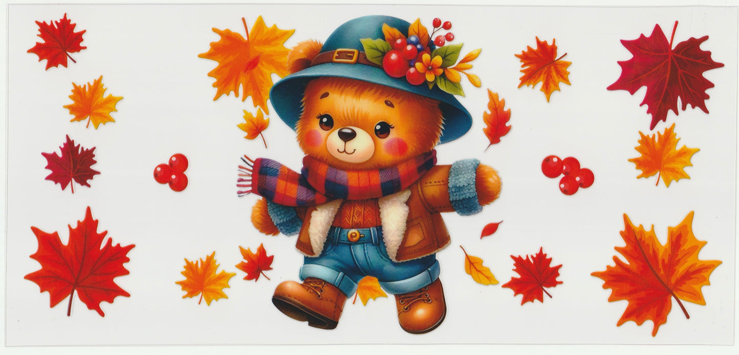 Cozy Fall Bear UV DTF Cup Wrap | Cute Autumn Teddy Design | 16oz Cup Decal