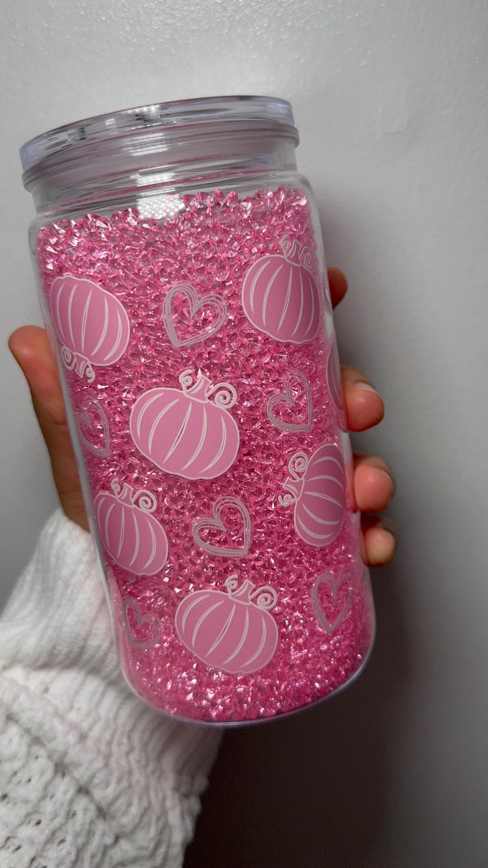 Pink Pumpkin SnowGlobe Tumbler filled with Acrylic Diamonds – 16oz
