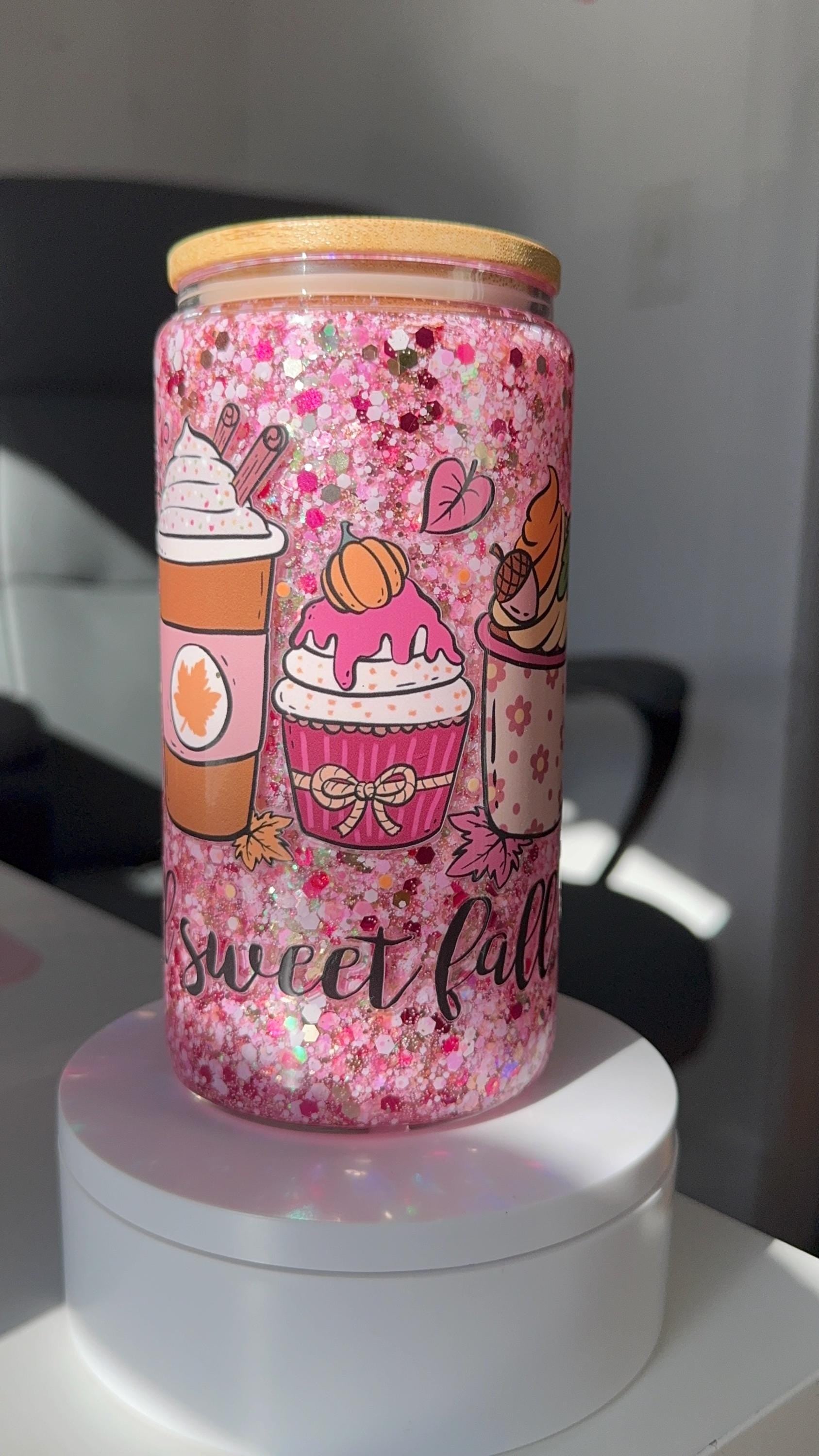 Pink Glitter Snow Globe Tumbler - Fall Sweet Fall