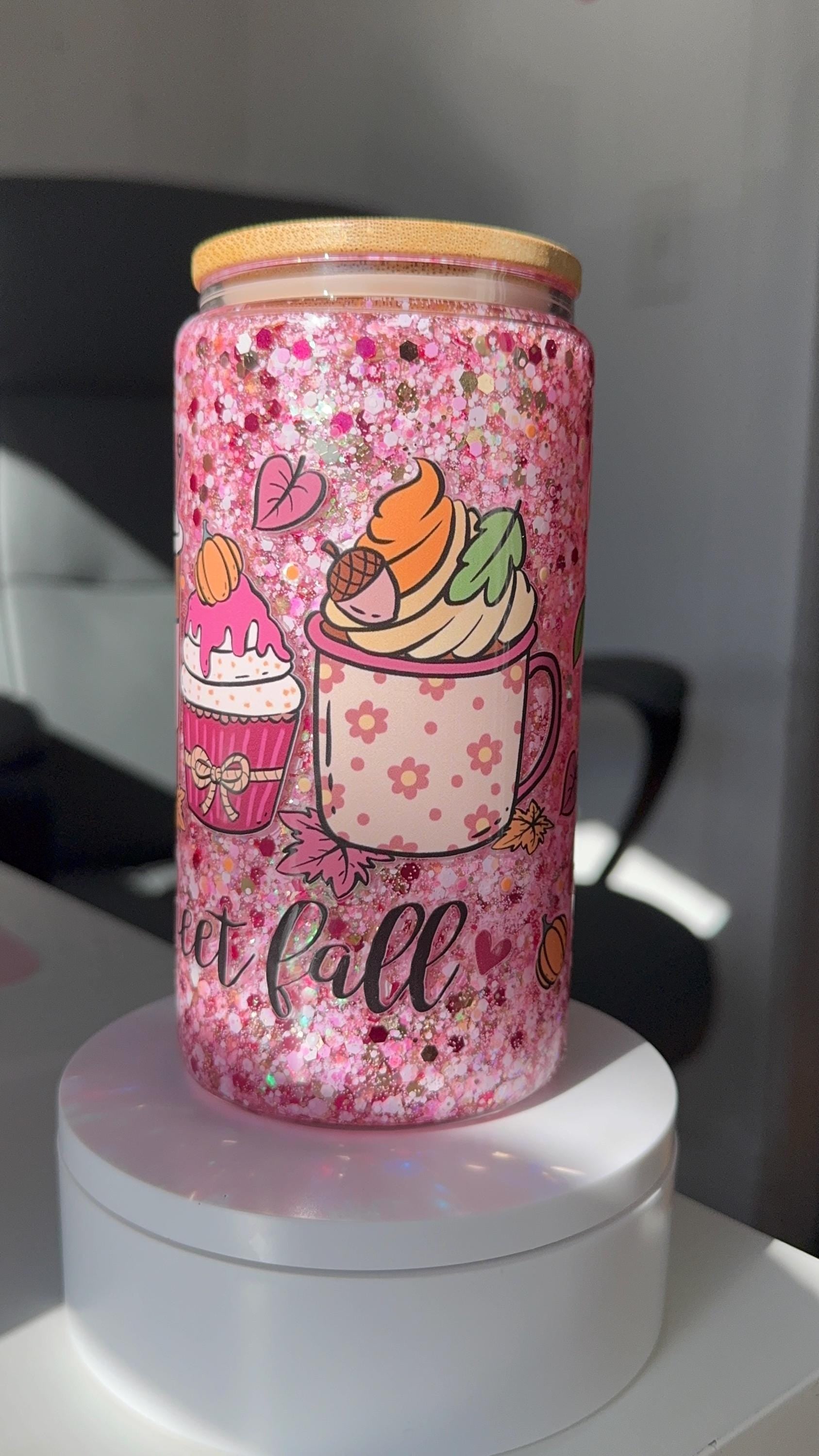 Pink Glitter Snow Globe Tumbler - Fall Sweet Fall