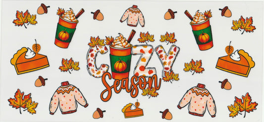 Cozy Season UV DTF Cup Wrap | Fall Coffee Pumpkin Design | 16oz Cup Decal