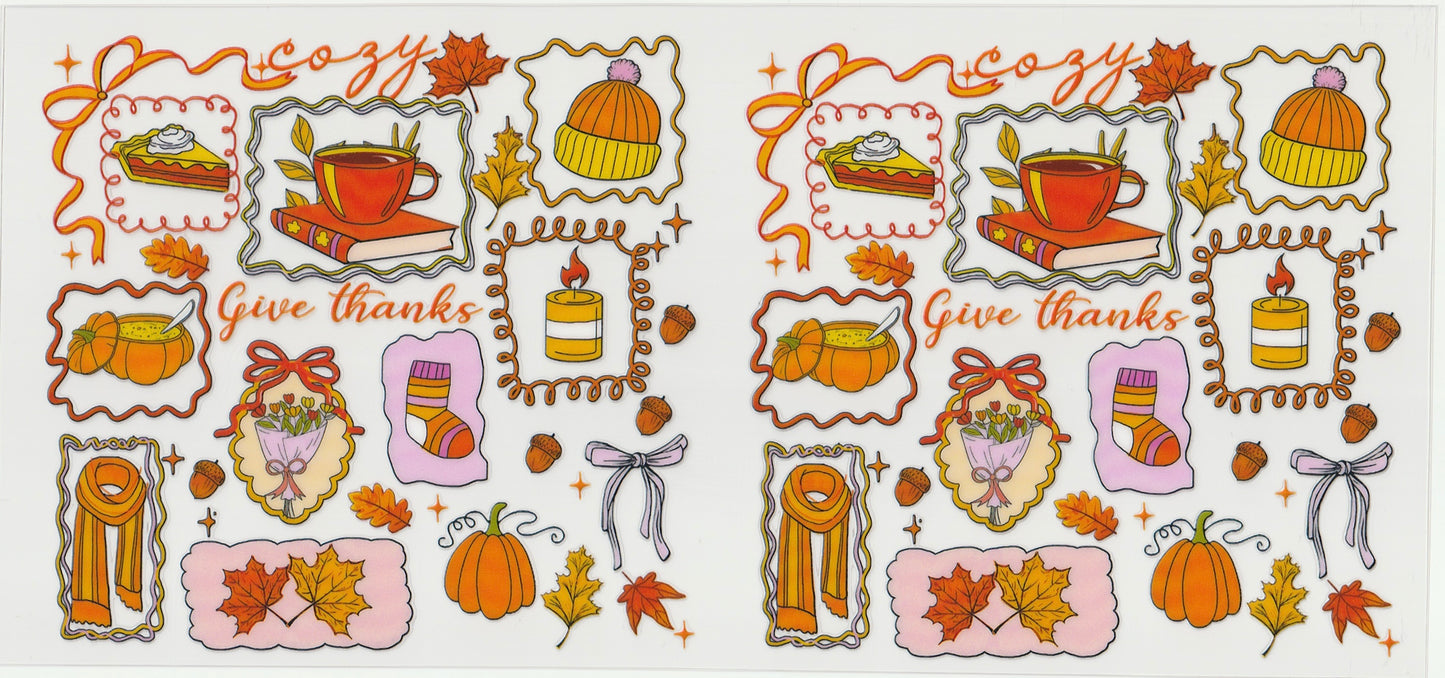 Cozy Give Thanks UV DTF Cup Wrap | Fall Coffee & Pumpkin Design | 16oz Cup Decal