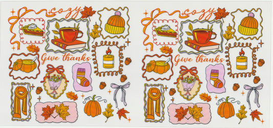 Cozy Give Thanks UV DTF Cup Wrap | Fall Coffee & Pumpkin Design | 16oz Cup Decal