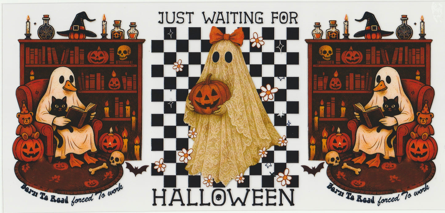 Waiting for Halloween UV DTF Cup Wrap | Halloween Book Lover Design | 16oz Cup Decal