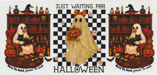 Waiting for Halloween UV DTF Cup Wrap | Halloween Book Lover Design | 16oz Cup Decal
