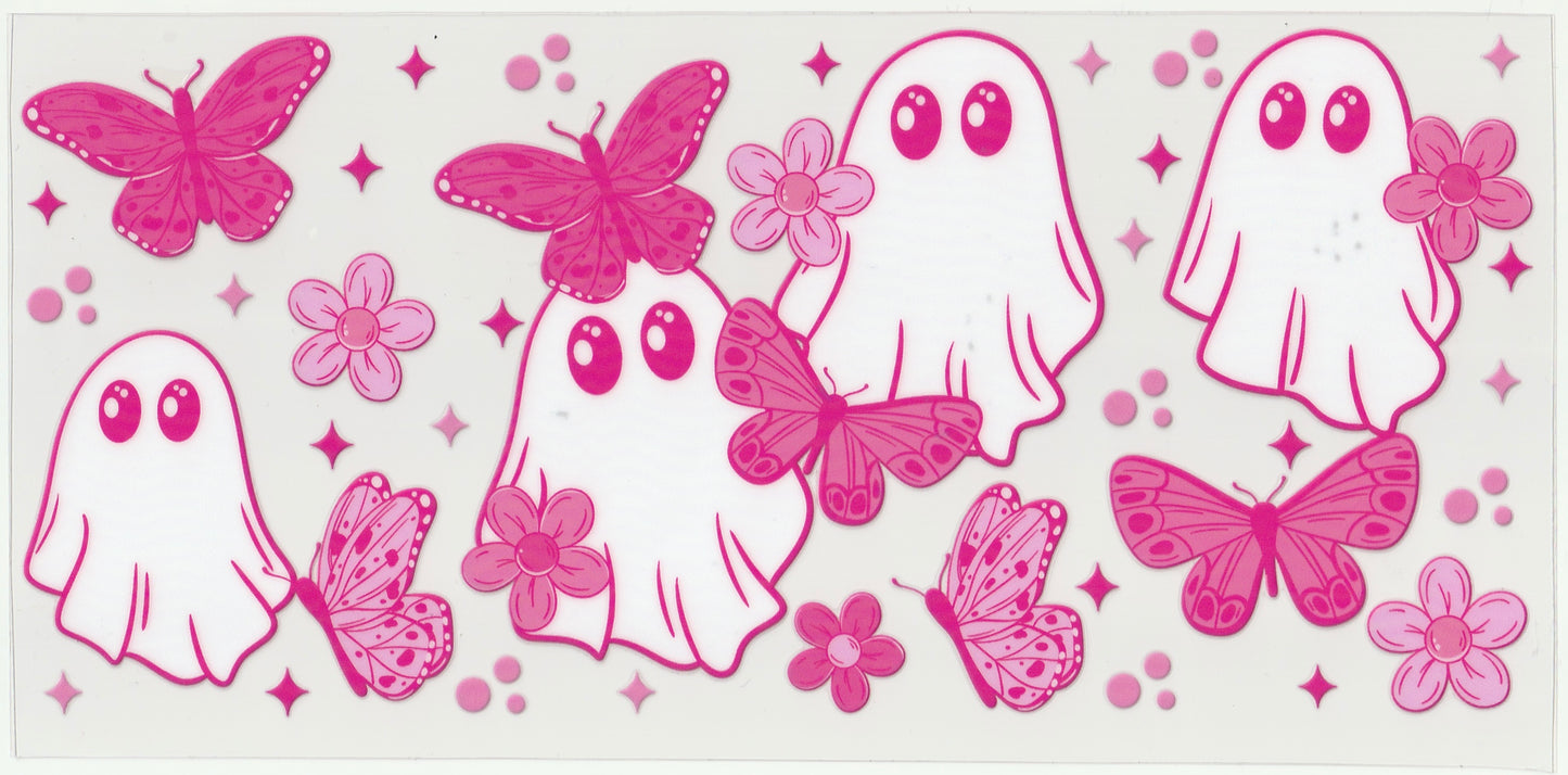 Pink Ghost and Butterfly UV DTF Cup Wrap | Halloween Design | 16oz Cup Decal