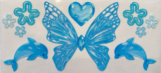 Blue Butterfly UV DTF Cup Wrap | Dolphin Ocean Aesthetic | 16oz Cup Decal