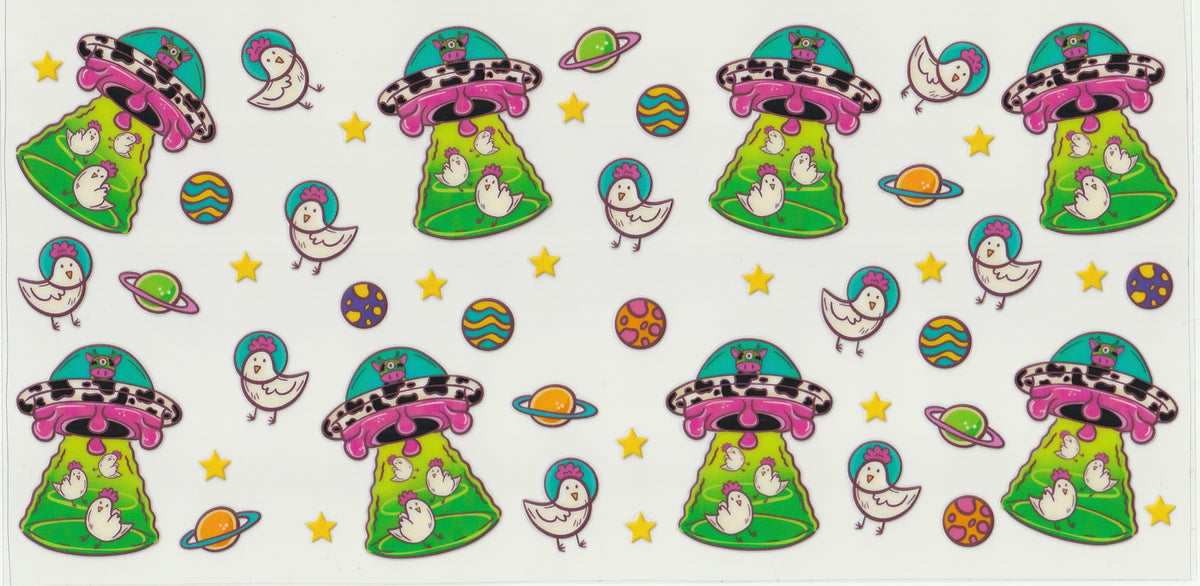 MooFO (Moo + UFO) UV DTF Cup Wrap | Cow Abducting Chickens | 16oz Cup Decal
