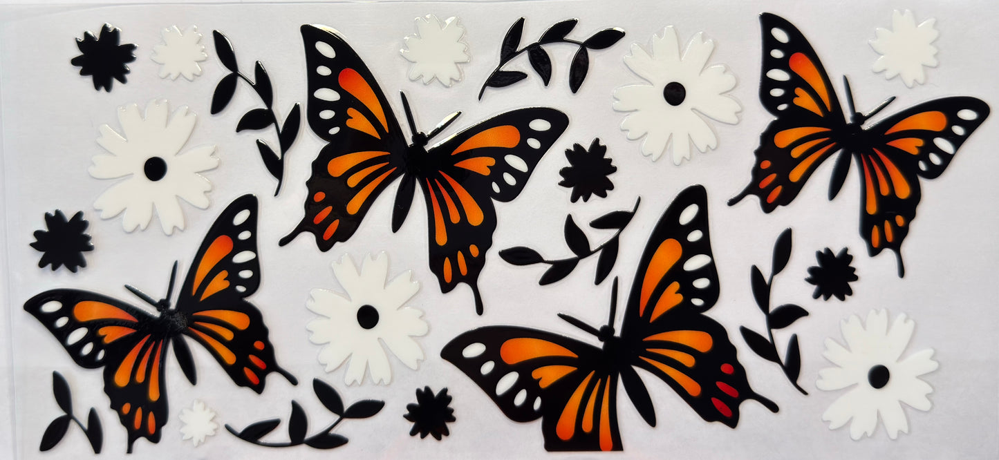 Monarch Butterfly UV DTF Cup Wrap | Black Floral Aesthetic | 16oz Cup Decal