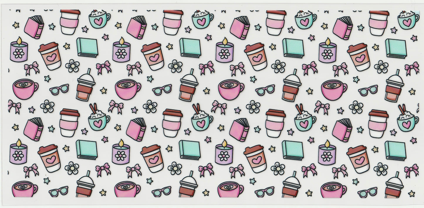 Cozy Coffee UV DTF Cup Wrap | Pink Coffee Lover | Cozy Reading Aesthetic | 16oz Cup Decal