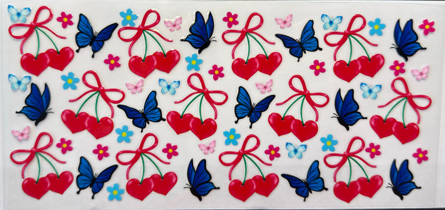 Cherry Bow UV DTF Cup Wrap | Blue Butterfly Design | 16oz Cup Decal