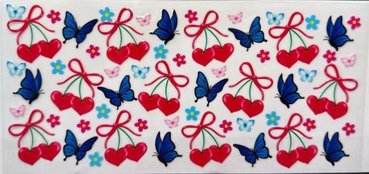 Cherry Bow UV DTF Cup Wrap | Blue Butterfly Design | 16oz Cup Decal