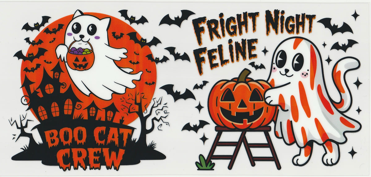 Fright Night Boo Cat Crew UV DTF Cup Wrap | Halloween Design | 16oz Cup Decal