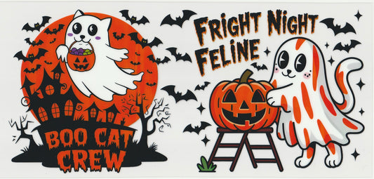 Fright Night Boo Cat Crew UV DTF Cup Wrap | Halloween Design | 16oz Cup Decal