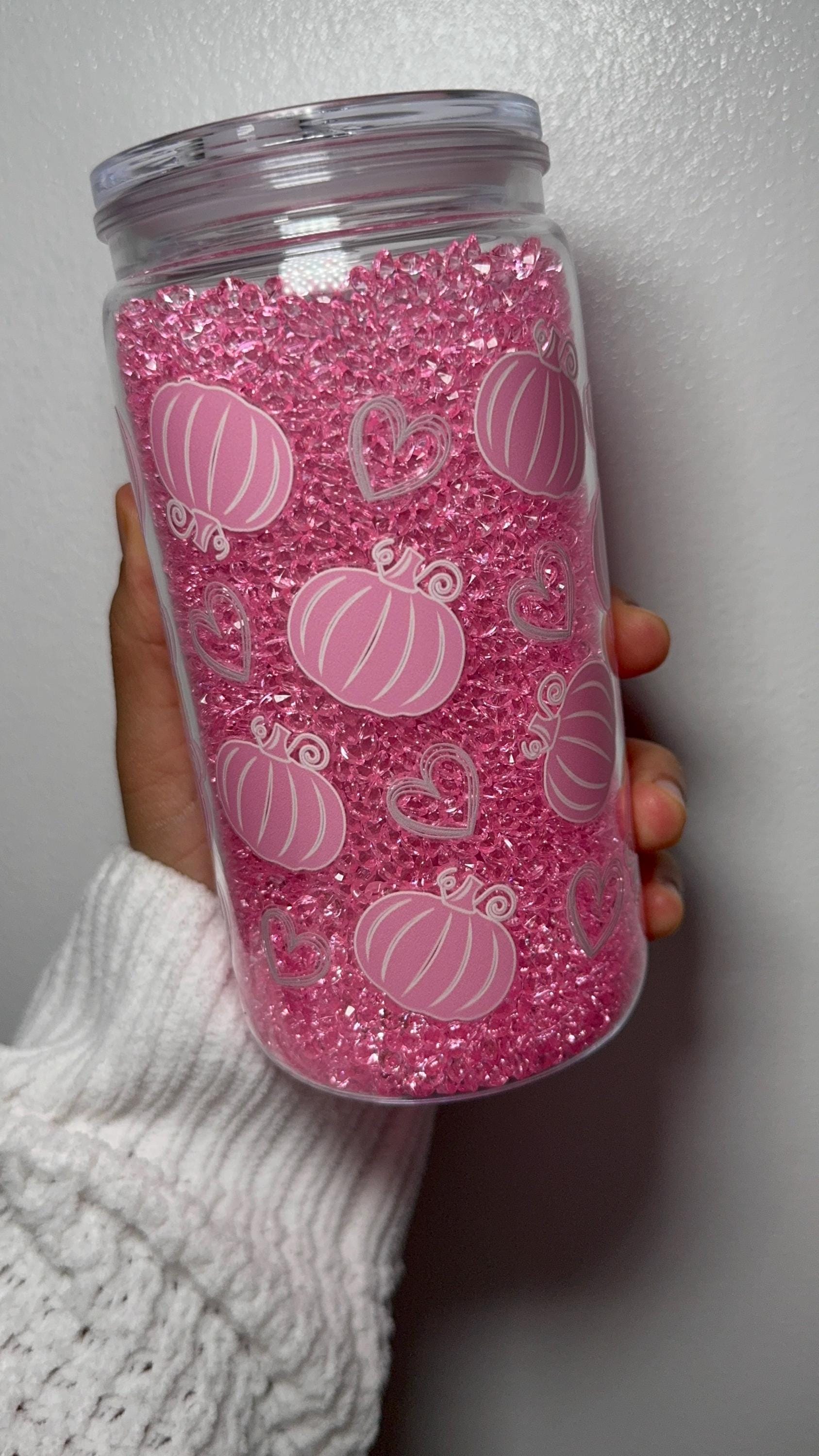 Pink Pumpkin SnowGlobe Tumbler filled with Acrylic Diamonds – 16oz