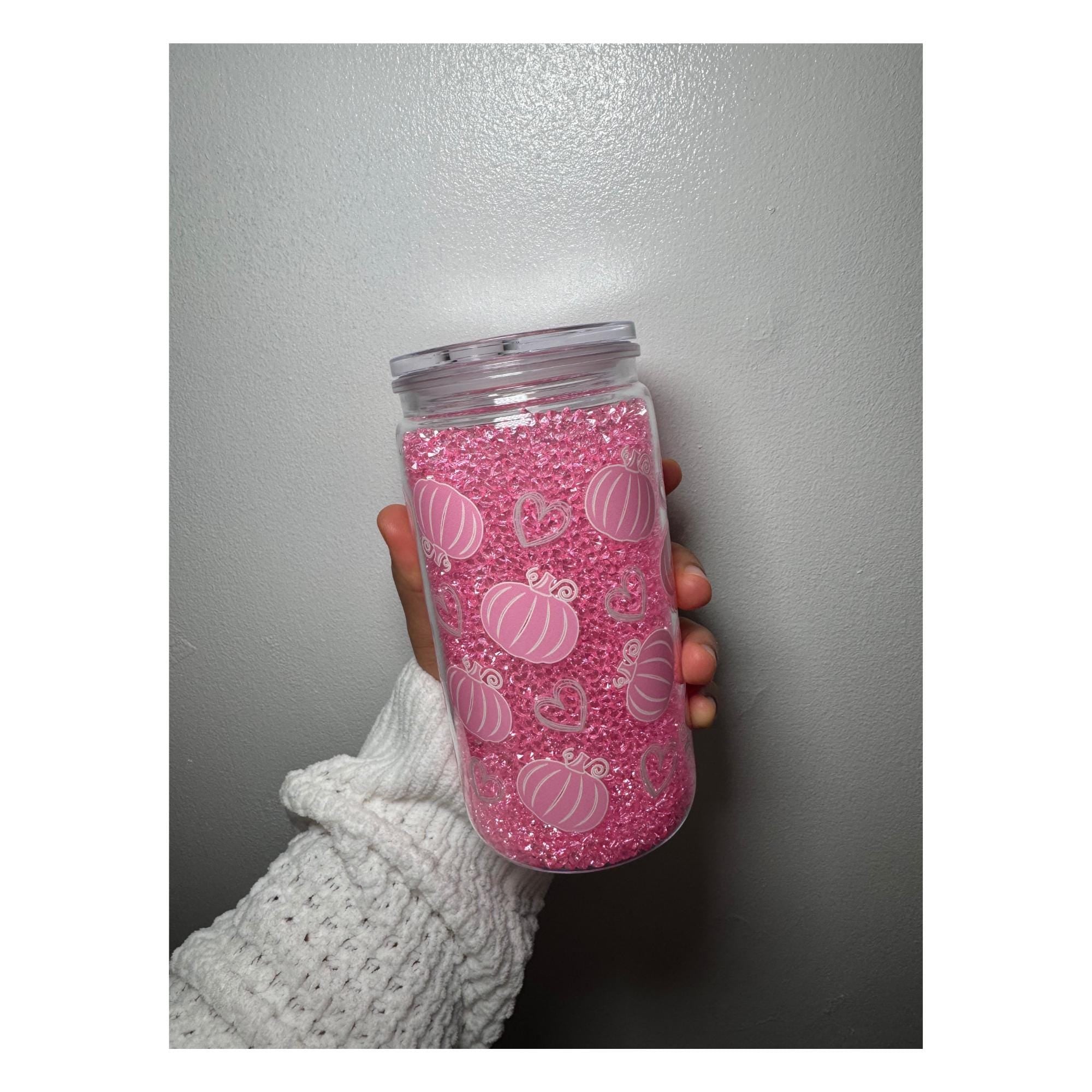 Pink Pumpkin SnowGlobe Tumbler filled with Acrylic Diamonds – 16oz